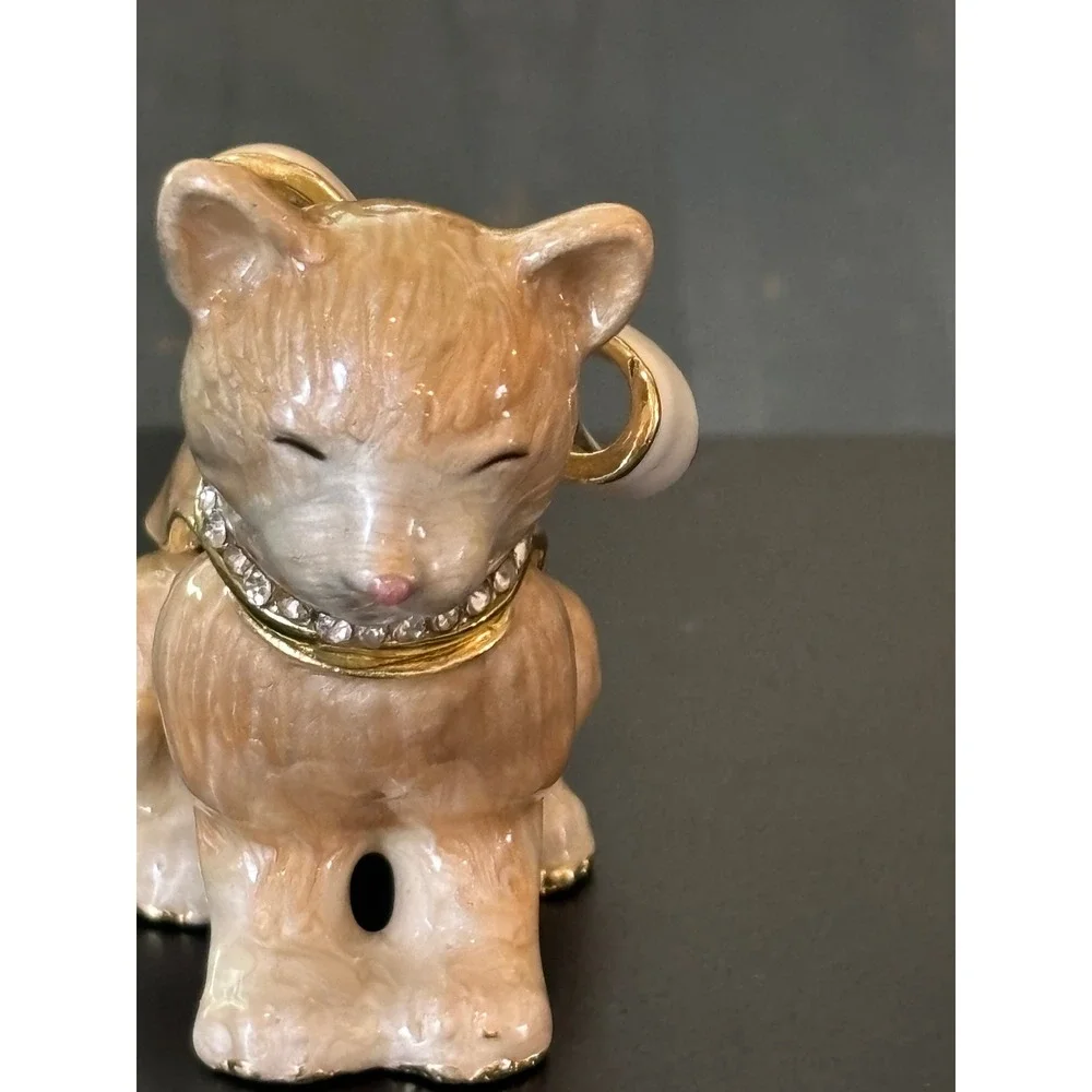 Enamel Ginger Cat Trinket Box Hinged Jewelry Holder with White Bow Rhinestone